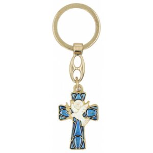 Sleutelhanger Met verguld Kruis Duif Hostie Email blauw - wit